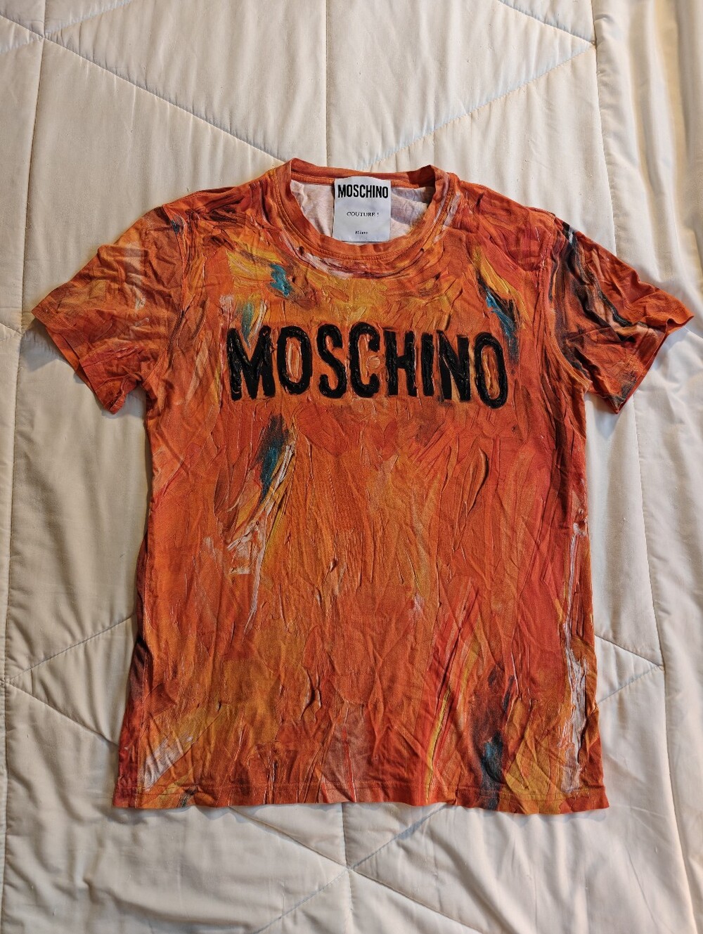 Moschino Couture Mens Small Painted Logo T-Shirt Orange Brushstroke Graphic Tee